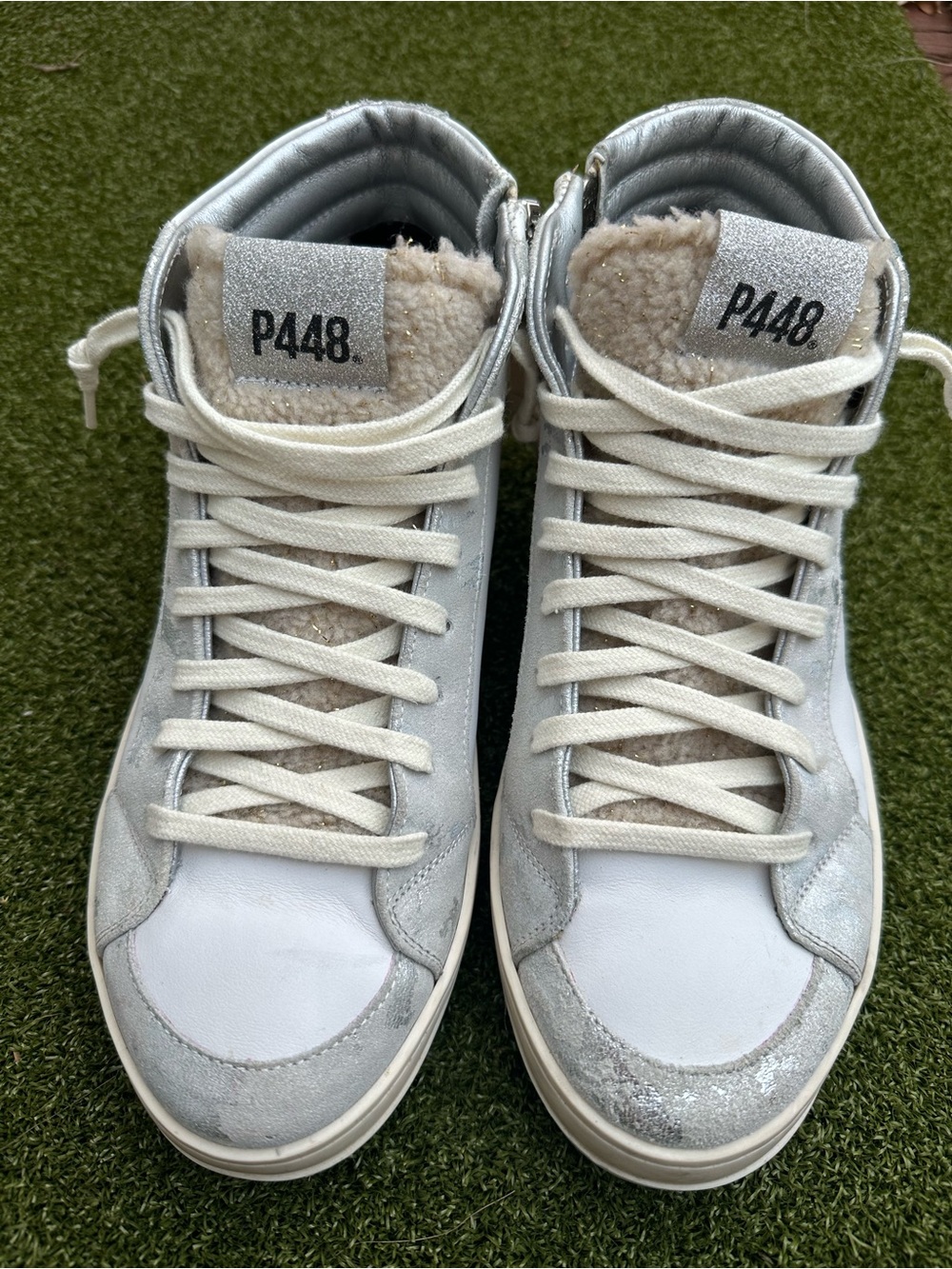 P448 Women’s High Top Sneakers Silver White Sherpa Lined Size 38 EU / 7.5 US